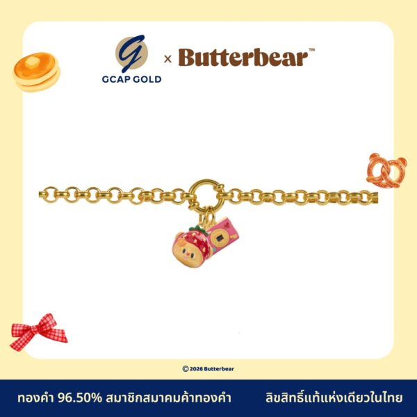 สร้อยข้อมือผ่าหวายจี้น้องเนยหัวสตอเบอร์รี่ + กล้อง 2 สลึง ทองคำ 96.50% GCAP GOLD X ButterBear ลิขสิทธิ์แท้ งานลงยาสีสัน (มีใบรับประกันทุกชิ้น)